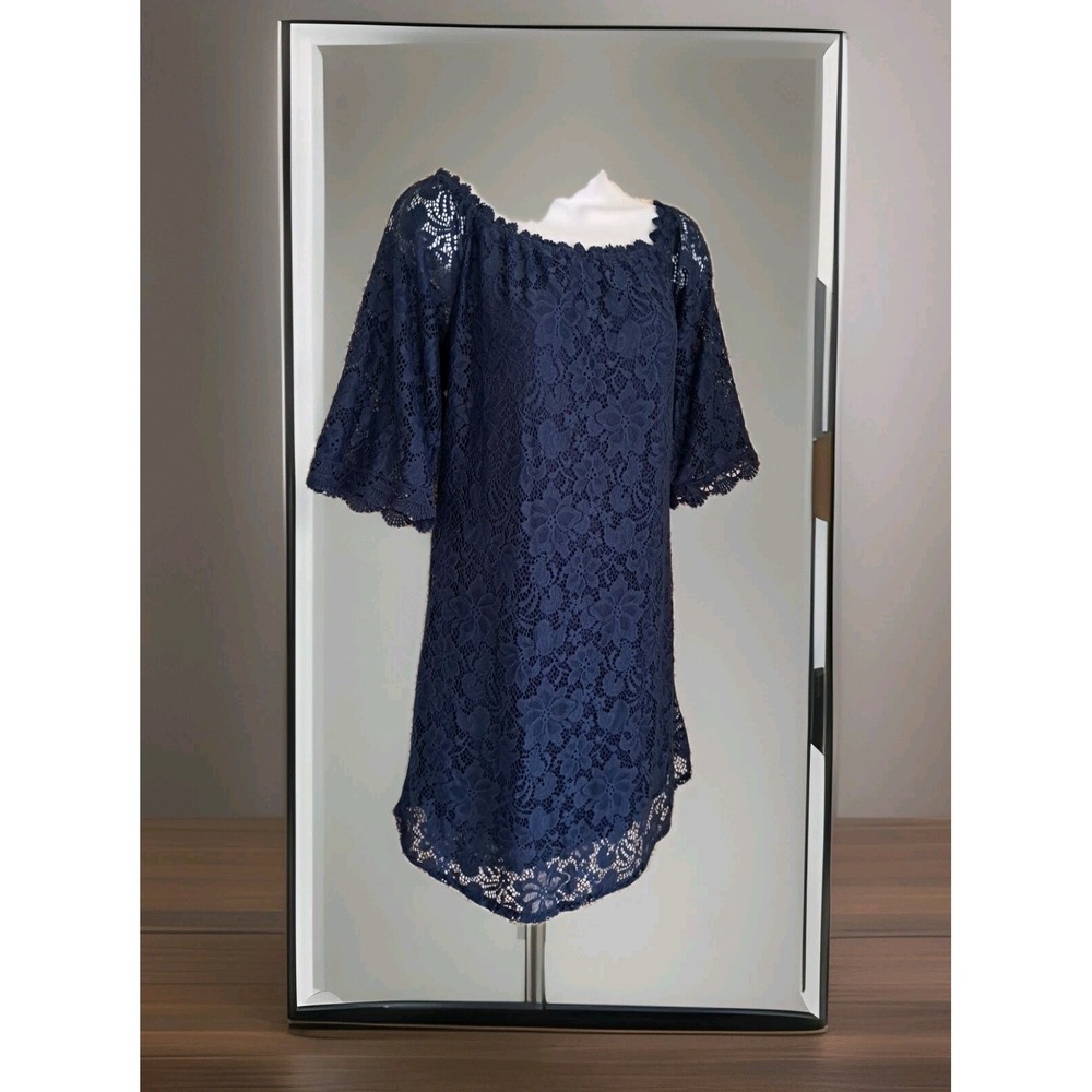 Navy Blue Shift Dress‎ M Lace Overlay 3/4 Sleeves Formal Wedding Special Day NWT